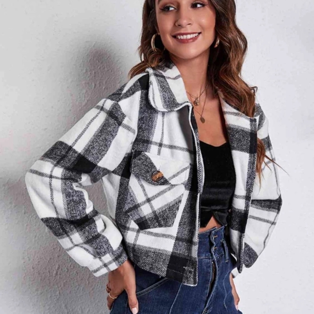 Ci Sono Black and White Plaid Bomber Jacket